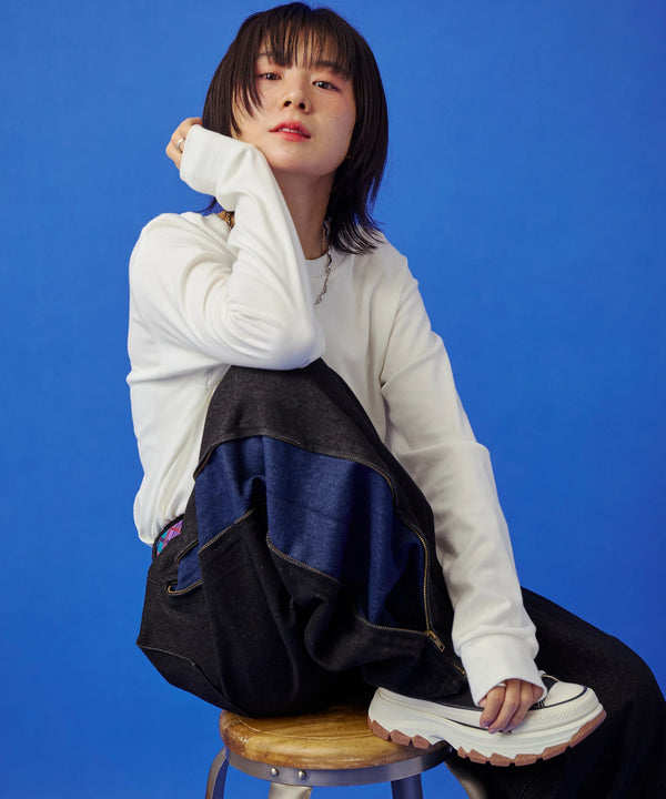 サイドダブルジップワイドデニムパンツ