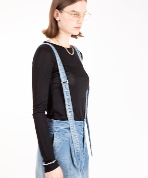 コンフォータブルデニム サスペンダー付きフレアパンツ