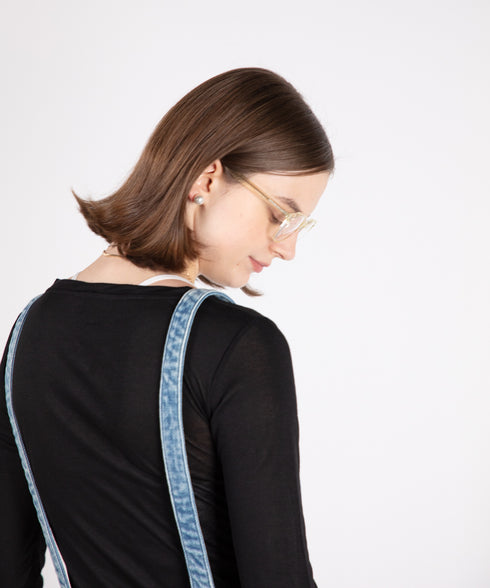 コンフォータブルデニム サスペンダー付きフレアパンツ