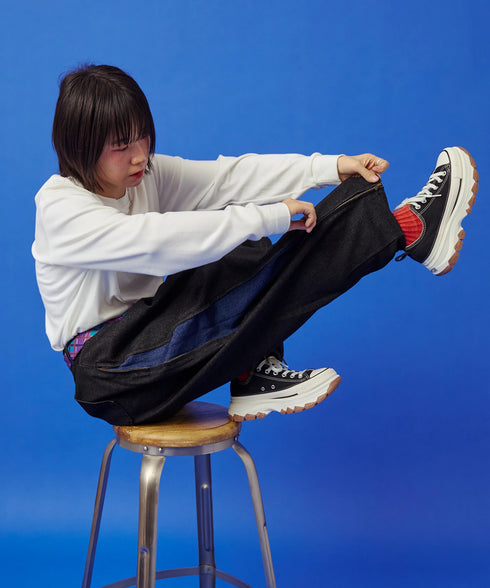 サイドダブルジップワイドデニムパンツ