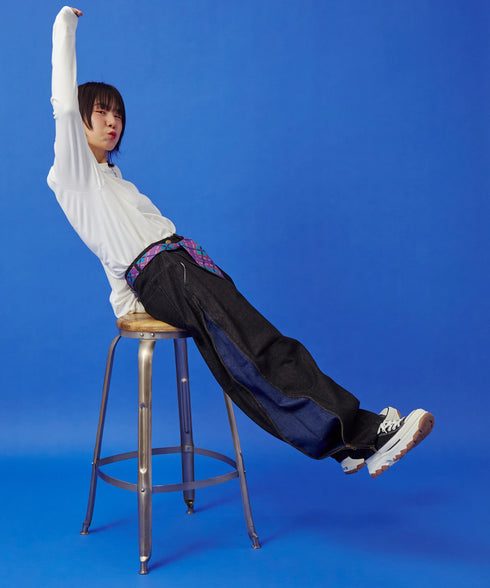 サイドダブルジップワイドデニムパンツ