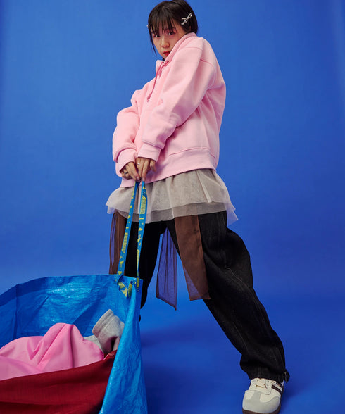 サイドダブルジップワイドデニムパンツ