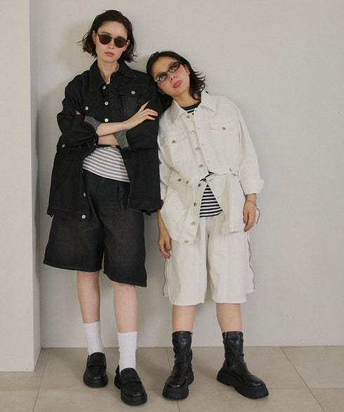 サイドジップボーイフレンドハーフデニムパンツ